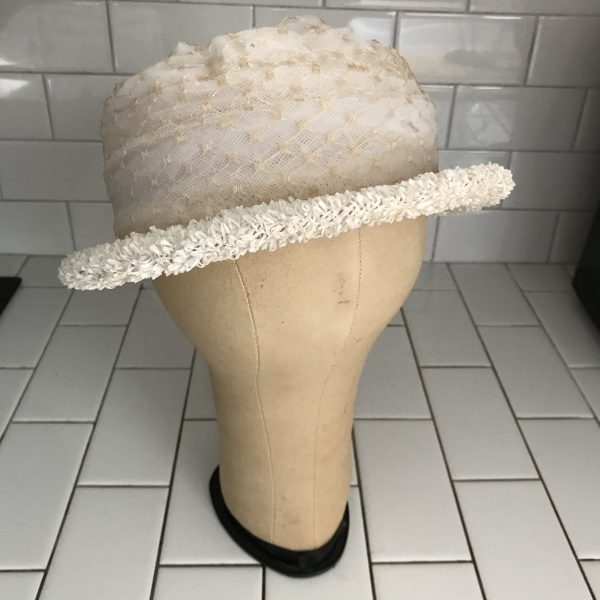 Vintage Hat White Tulle Beige Netting Small Brim Boater Hat Plastic straw woven brim theater movie prop costume special event