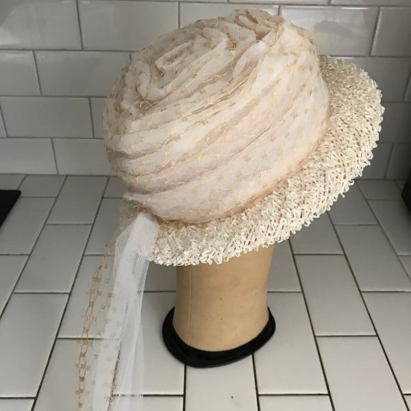 Vintage Hat White Tulle Beige Netting Small Brim Boater Hat Plastic straw woven brim theater movie prop costume special event