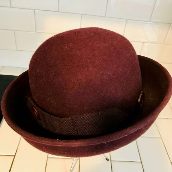 Vintage Hat Women's Unisex wool burgundy Derby Bowler style Hat with gross grain size 7 hipster atomic mod retro collectible winter hat