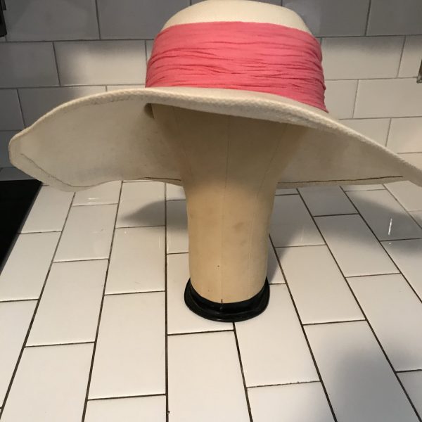Vintage Hat Woven Straw Huge Brim Kentucky Derby style hat Summer Large Pink Bow theater movie prop costume special event