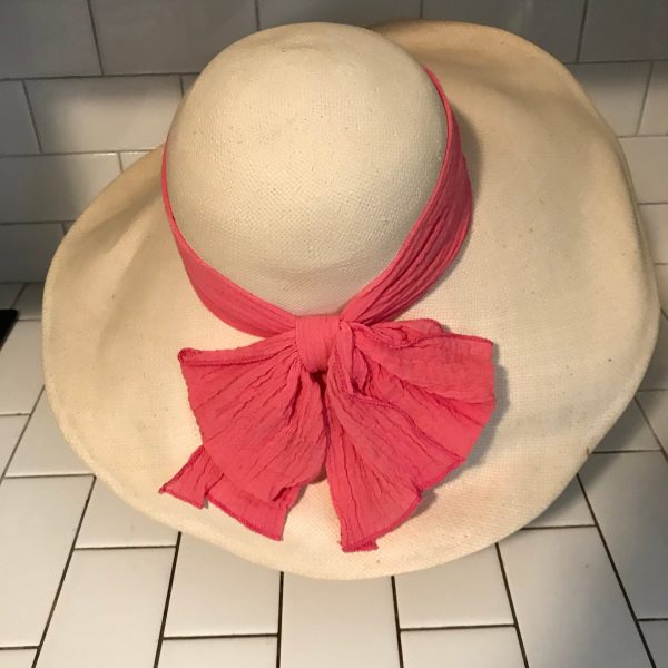 Vintage Hat Woven Straw Huge Brim Kentucky Derby style hat Summer Large Pink Bow theater movie prop costume special event