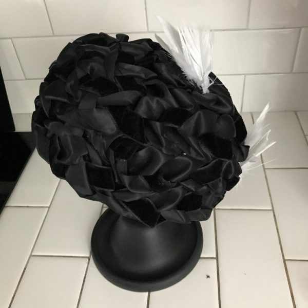 Vintage Hat Woven Velvet and Satin Black white feathers Ring hat Miss Feige theater movie prop costume special event