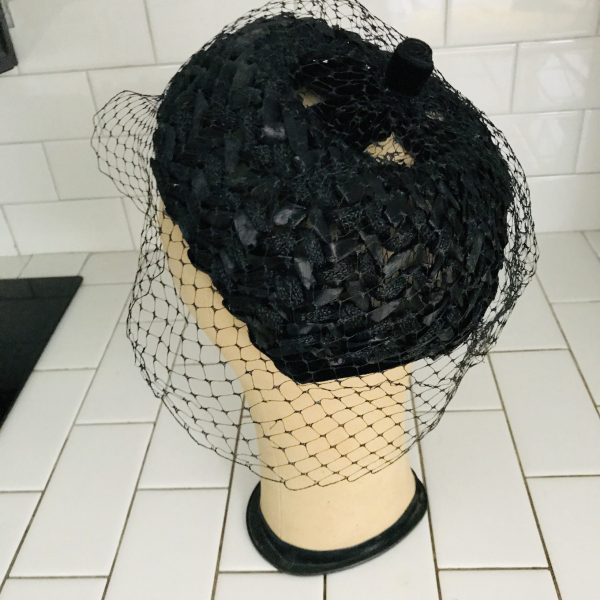 Vintage Hat Woven Velvet and Satin Black with black Netting Ring hat Union made USA theater movie prop costume special event