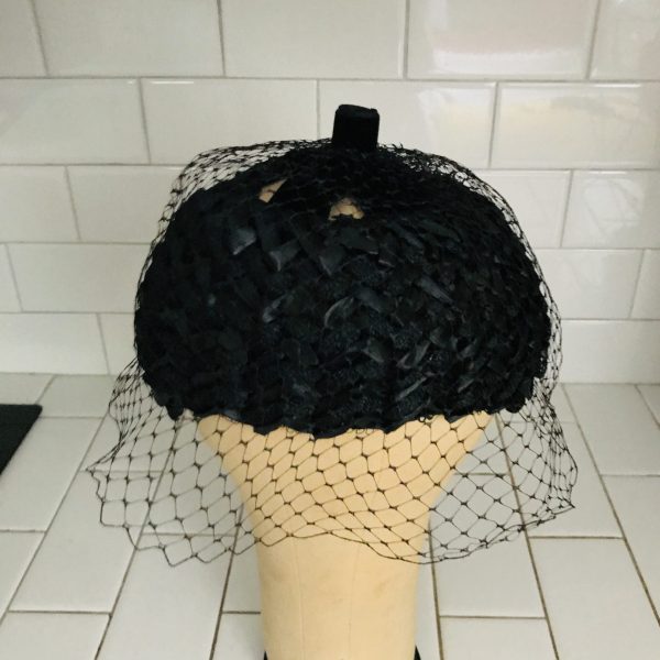 Vintage Hat Woven Velvet and Satin Black with black Netting Ring hat Union made USA theater movie prop costume special event