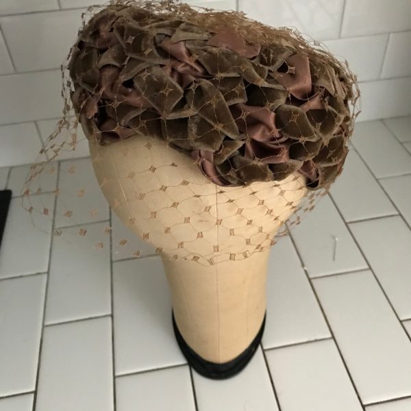 Vintage Hat Woven Velvet and Satin True Taupe with taupe Netting Ring hat Union made USA theater movie prop costume special event