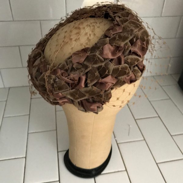 Vintage Hat Woven Velvet and Satin True Taupe with taupe Netting Ring hat Union made USA theater movie prop costume special event