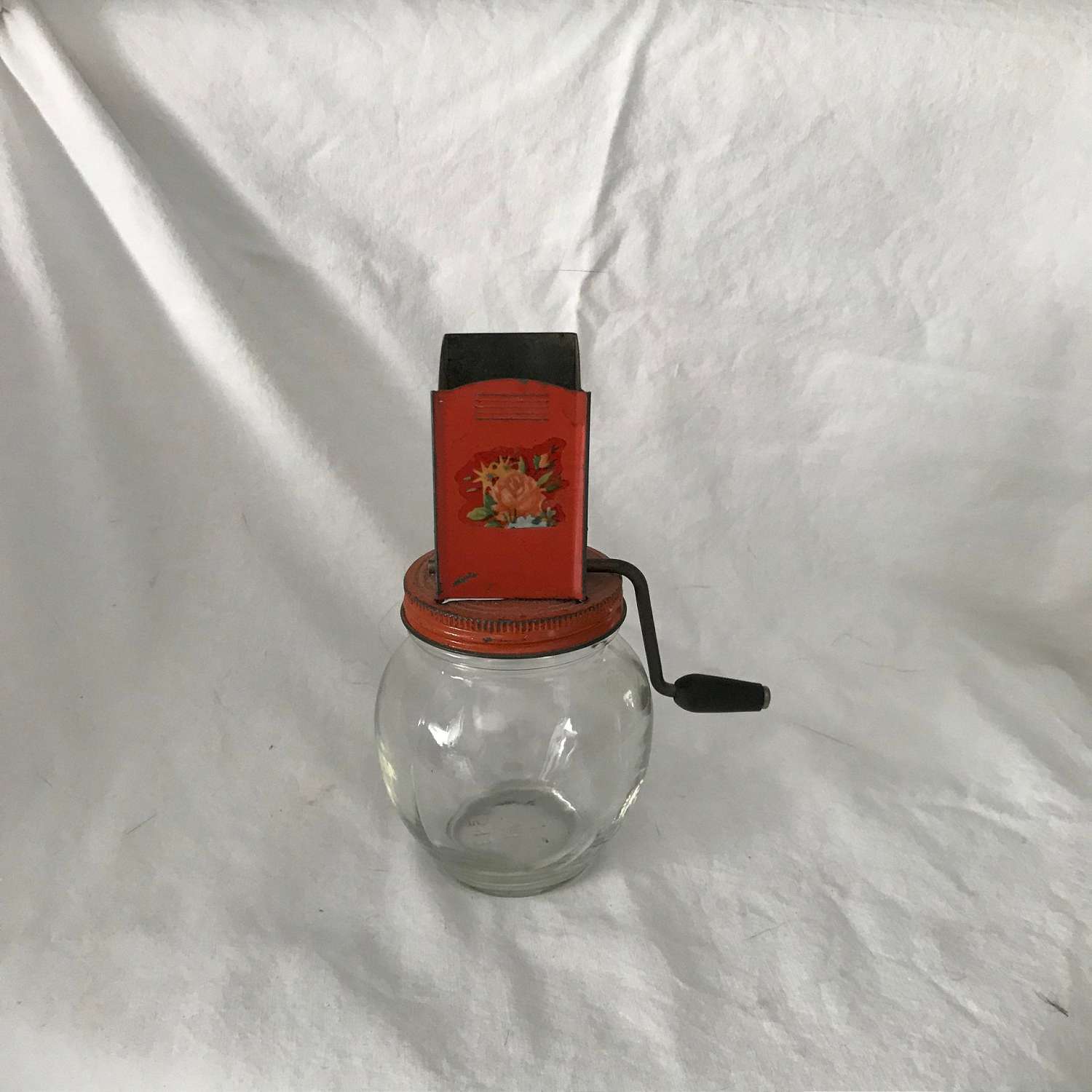 Vintage Nut Chopper Red Black Metal Lid Clear Glass Jar