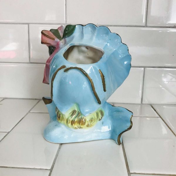 Vintage Headvase Head vase anthropomorphic woman with blue clothing and bonnet floral with bow Japan Mid Century collectible display