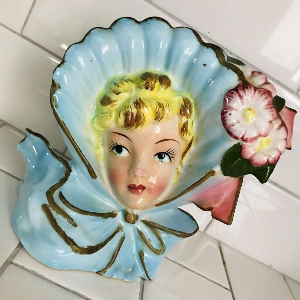 Vintage Headvase Head vase anthropomorphic woman with blue clothing and bonnet floral with bow Japan Mid Century collectible display