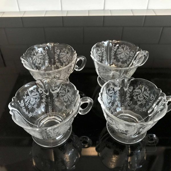 Vintage Heisey Glass set 4 Tea Coffee cups Orchid 1940-57 9th Edt. Elegant glass farmhouse collectible Wedding special occasion etched