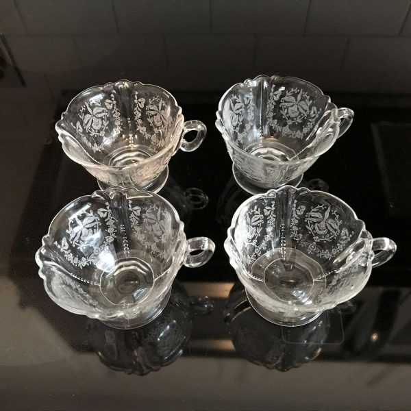 Vintage Heisey Glass set 4 Tea Coffee cups Orchid 1940-57 9th Edt. Elegant glass farmhouse collectible Wedding special occasion etched
