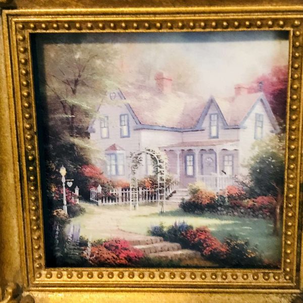 Vintage Home is where the heart is picture Miniature framed collectible display bed and breakfast farmhouse cottage gold frame & Easel