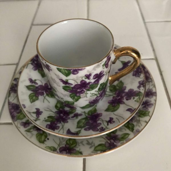 Vintage Inarco Japan demitasse tea cup saucer & snack plate Purple Violets gold trim Violets hand painted collectible display farmhouse