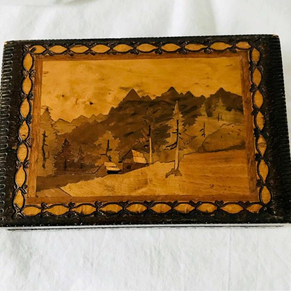 Vintage Inlaid Farm Scene trees and mountains Wooden Jewelry Storage Box handcrafted home decor Intricately carved box