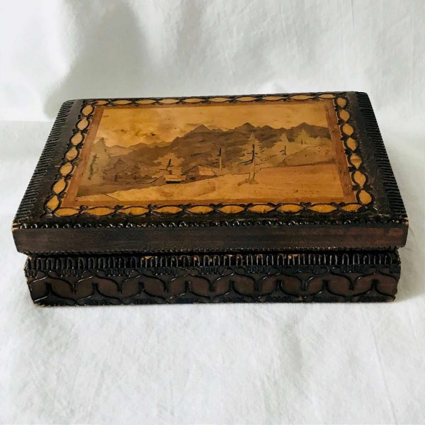 Vintage Inlaid Farm Scene trees and mountains Wooden Jewelry Storage Box handcrafted home decor Intricately carved box