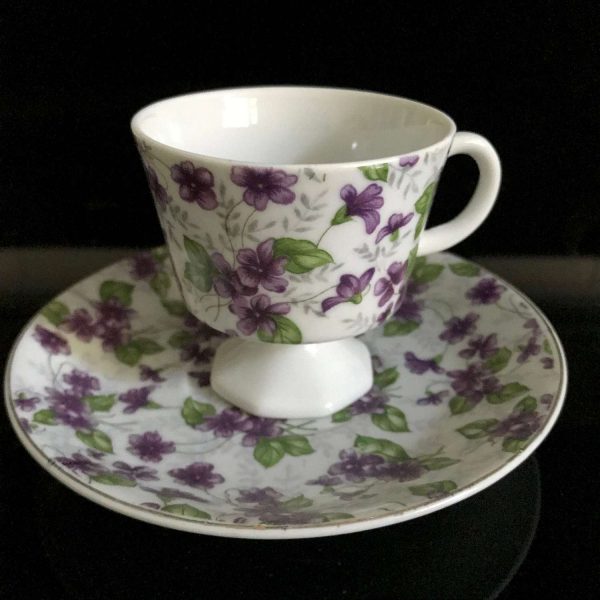 Vintage Japan Pedestal tea cup saucer Purple Violets gold trim Violets hand painted collectible display farmhouse