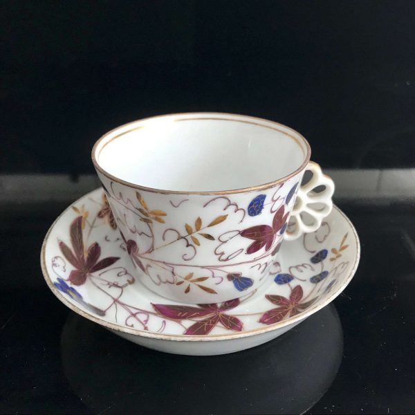 Vintage Japan Tea Cup and Saucer Luster Blue and Burgundy Leaves and butterlfies unique handle
