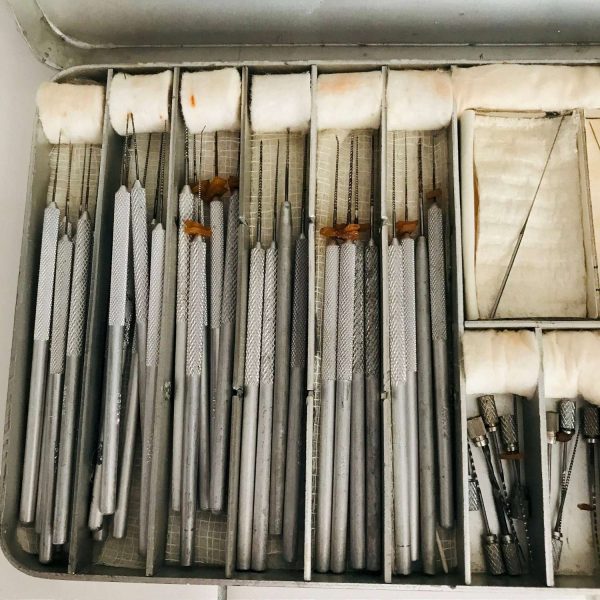 Vintage Kerr Dental Tool Set 10" across small drills tools needles etc very complete collectible dental medical surgical museum movieprop