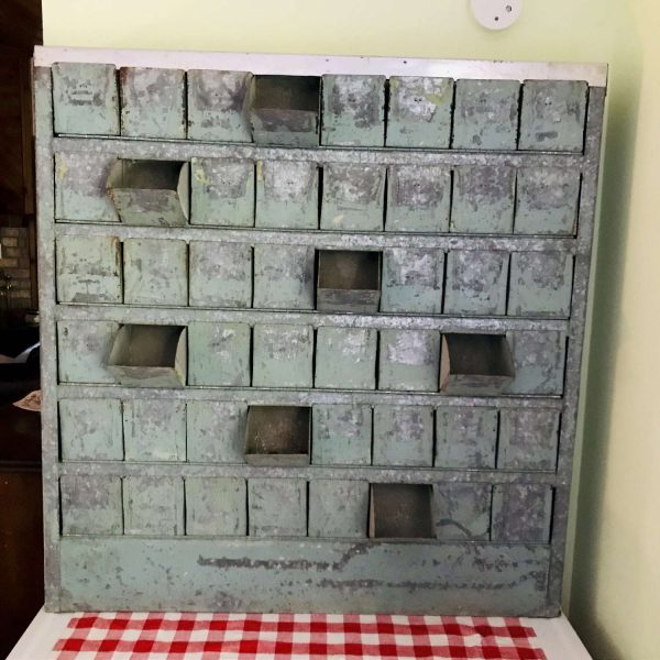Vintage Large Metal Storage Cabinet with 48 pull front bins industrial farmhouse storage garage kitchen laundry 42" tall 40" wide 6" deep