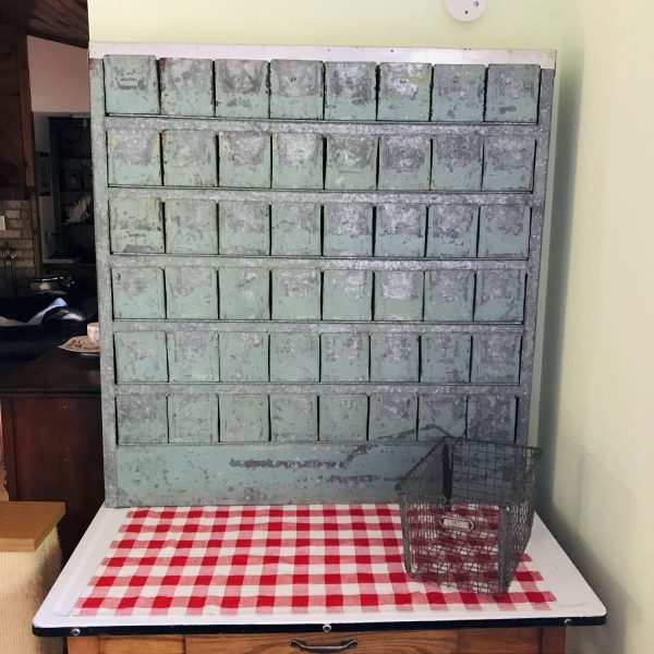 Vintage Large Metal Storage Cabinet with 48 pull front bins industrial farmhouse storage garage kitchen laundry 42" tall 40" wide 6" deep