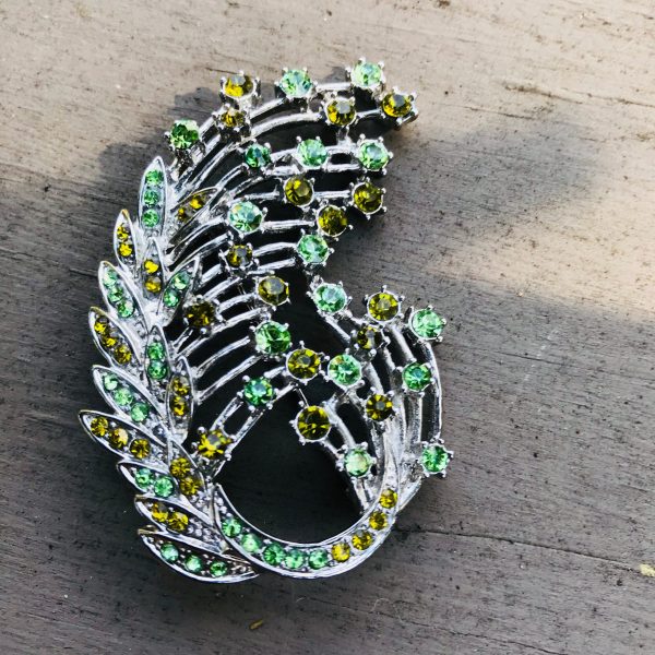 Vintage Large Rhinestone Brooch Collectible Jewelry Leaf shape pin green and yellow rhinestones set in silver tone metal