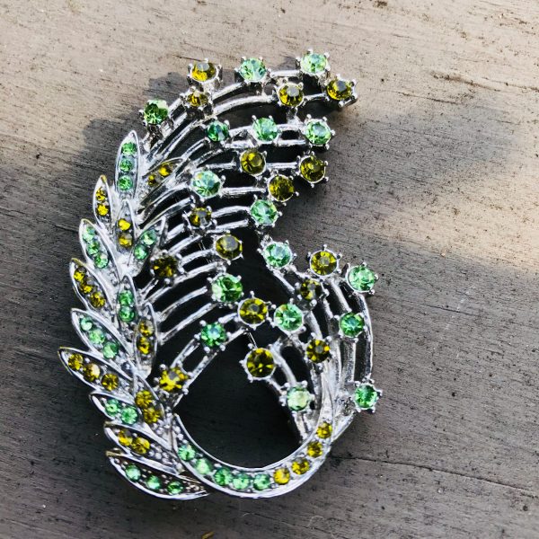 Vintage Large Rhinestone Brooch Collectible Jewelry Leaf shape pin green and yellow rhinestones set in silver tone metal