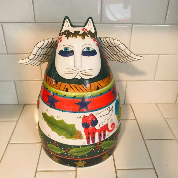 Vintage Laurel Burch Christmas Angel Cat Cookie Jar collectible display cat lovers crazy cat lady 1998  Red Green Holly berries Stars Wings