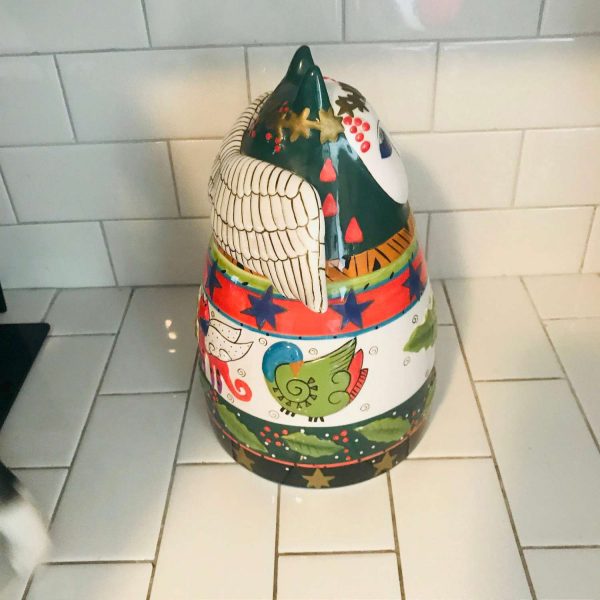 Vintage Laurel Burch Christmas Angel Cat Cookie Jar collectible display cat lovers crazy cat lady 1998  Red Green Holly berries Stars Wings