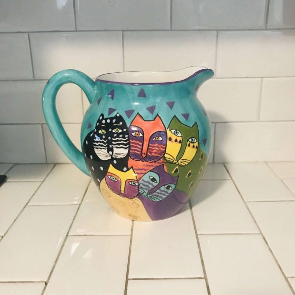 Vintage Laurel Burch Pitcher 5 Cats Aqua with purple green yellow black and white blue orange collectible display cat lovers crazy cat lady