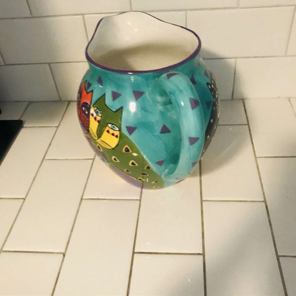 Vintage Laurel Burch Pitcher 5 Cats Aqua with purple green yellow black and white blue orange collectible display cat lovers crazy cat lady