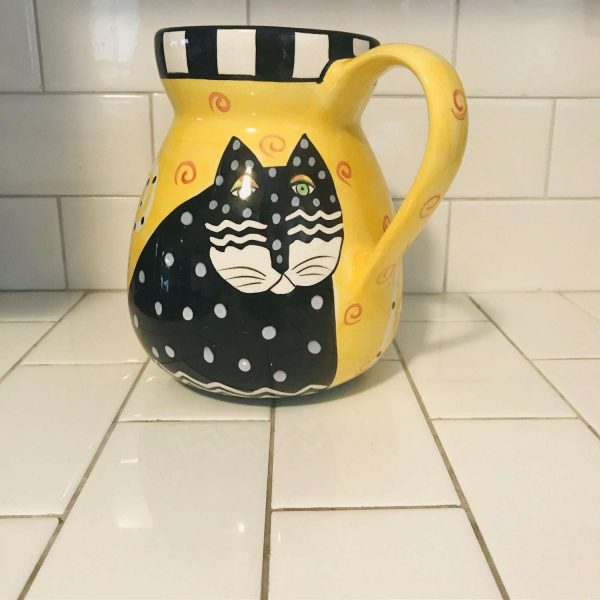 Vintage Laurel Burch Pitcher Cat Yellow black with orange swirls collectible display cat lovers crazy cat lady 1998