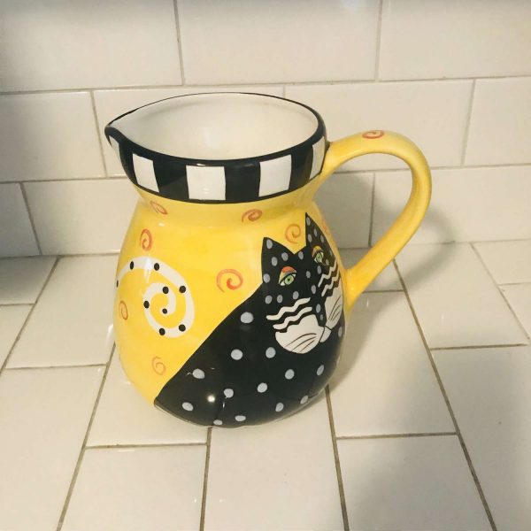 Vintage Laurel Burch Pitcher Cat Yellow black with orange swirls collectible display cat lovers crazy cat lady 1998