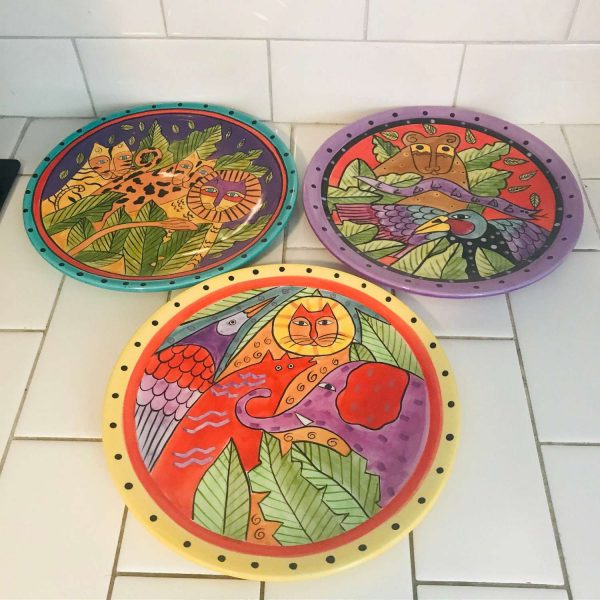 Vintage Laurel Burch Set of 3 Plates 8" snack Luncheon  collectible display cat lovers crazy cat lady 1998 Jungle prints bright colors