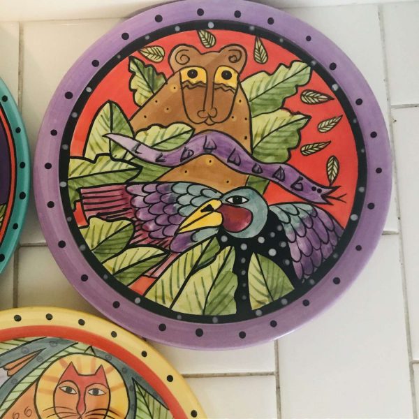 Vintage Laurel Burch Set of 3 Plates 8" snack Luncheon  collectible display cat lovers crazy cat lady 1998 Jungle prints bright colors