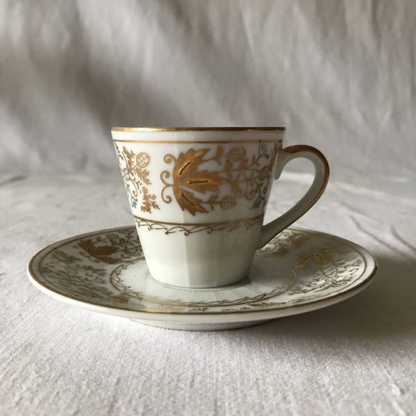 Vintage Lefton Gold on White Ornate Demitasse tea cup and saucer paneled china collectible farmhouse cottage shabby chic vintage home decor