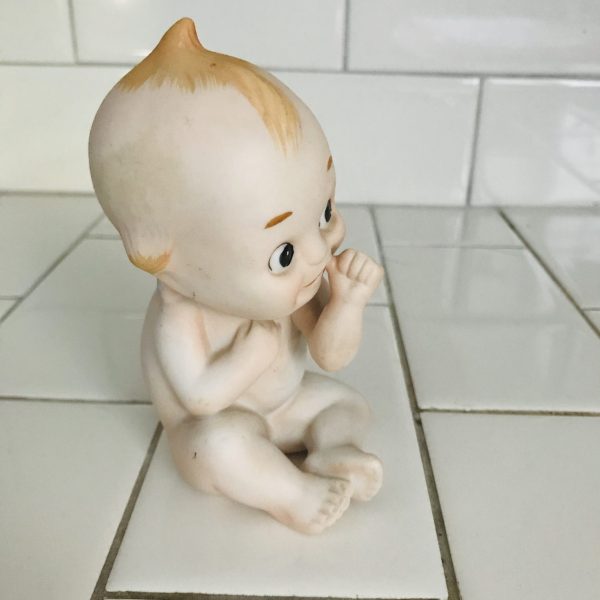 Vintage Lefton Porcelain Bisque Kewpie Doll baby figurine light blue wings great detail sucking thumb collectible display cottage farmhouse