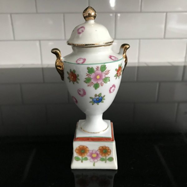 Vintage Lidded Urn Porcelain Double Handle Floral gold trim on pedestal