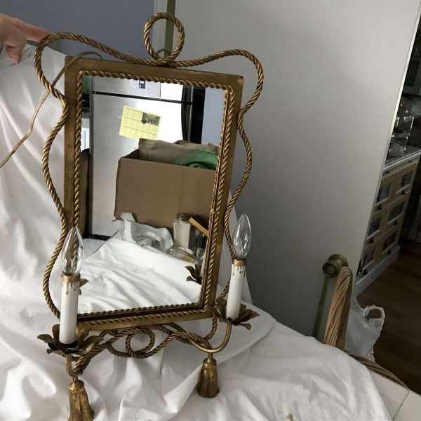 Vintage Lighted Wall MIrror Italy Gold Gilt double light Vanity Bathroom Living Entry collectible elegant home decor