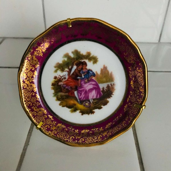 Vintage Limoges Plate courting couple burgundy rim gold trim miniature collectible display bed and breakfast farmhouse cottage navy gold
