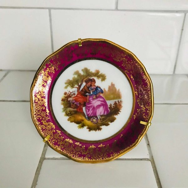 Vintage Limoges Plate courting couple burgundy rim gold trim miniature collectible display bed and breakfast farmhouse cottage navy gold