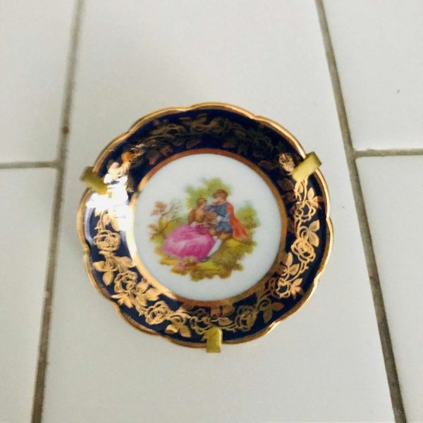 Vintage Limoges Plate courting couple cobalt rim gold trim miniature tiny collectible display bed and breakfast farmhouse cottage navy gold