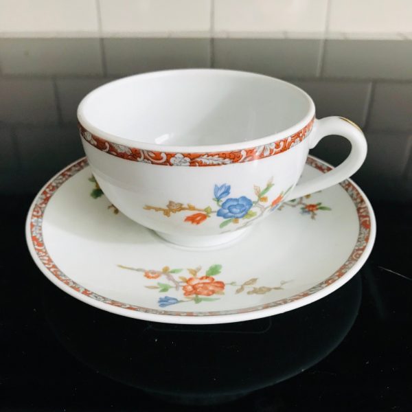 Vintage Limoges Tea Cup and Saucer Asian style Fine porcelain France Burgundy rims Collectible Display Farmhouse dining serving