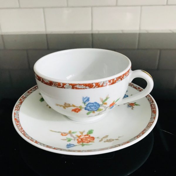 Vintage Limoges Tea Cup and Saucer Asian style Fine porcelain France Burgundy rims Collectible Display Farmhouse dining serving