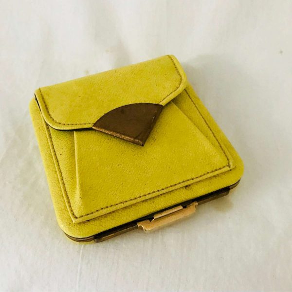 Vintage Lin Bren Leather Coin Purse Compact carry all USA Slide closure with original screen and puff 1940's yellow