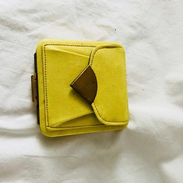 Vintage Lin Bren Leather Coin Purse Compact carry all USA Slide closure with original screen and puff 1940's yellow