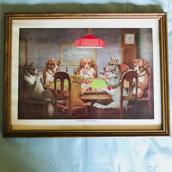 Vintage Lithograph CM Collidge Dogs Playing Poker title "A Friend in Need" Bar Man Cave Collectible Display from 1903 painting