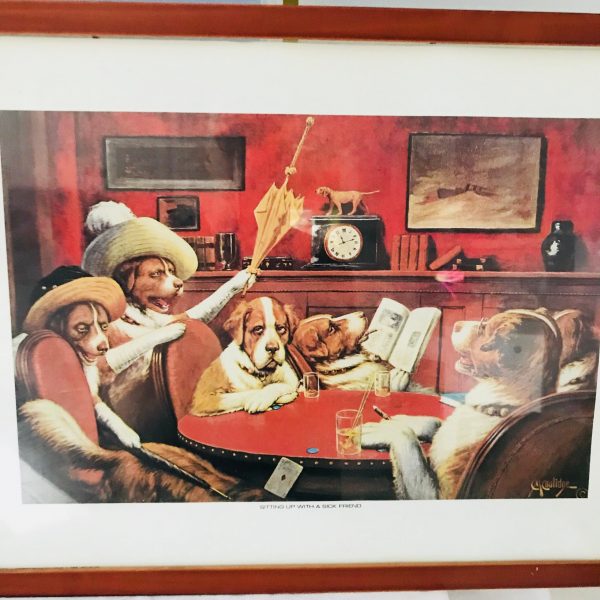 Vintage Lithograph CM Collidge Dogs Playing Poker title "Sitting up with a Sick Friend" Bar Man Cave Collectible Display from 1903 painting