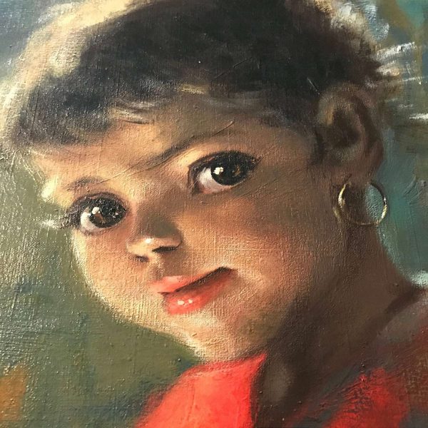 Vintage lIttle girl artwork oil on canvas gray wooden framed detailed print darling girl collectible wall decor vintage home kitchen display