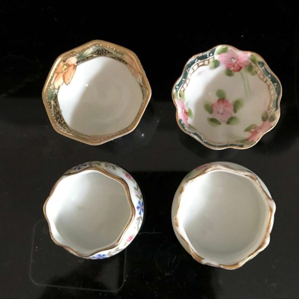Vintage lot of 4 fine china open salts 2 footed 2 flat bottom gold trim farmhouse collectible bridal shower dining table