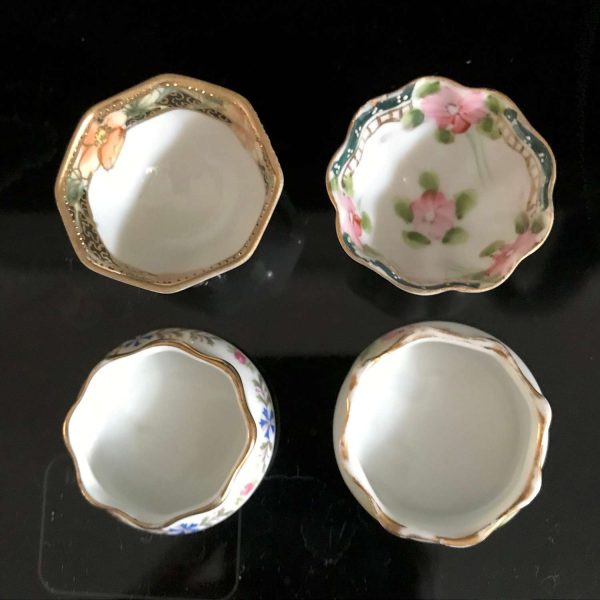 Vintage lot of 4 fine china open salts 2 footed 2 flat bottom gold trim farmhouse collectible bridal shower dining table